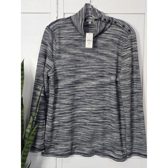 T by Talbots Womens Button Up Turtleneck Top New Size XL PETITE Black St… - Picture 1 of 6